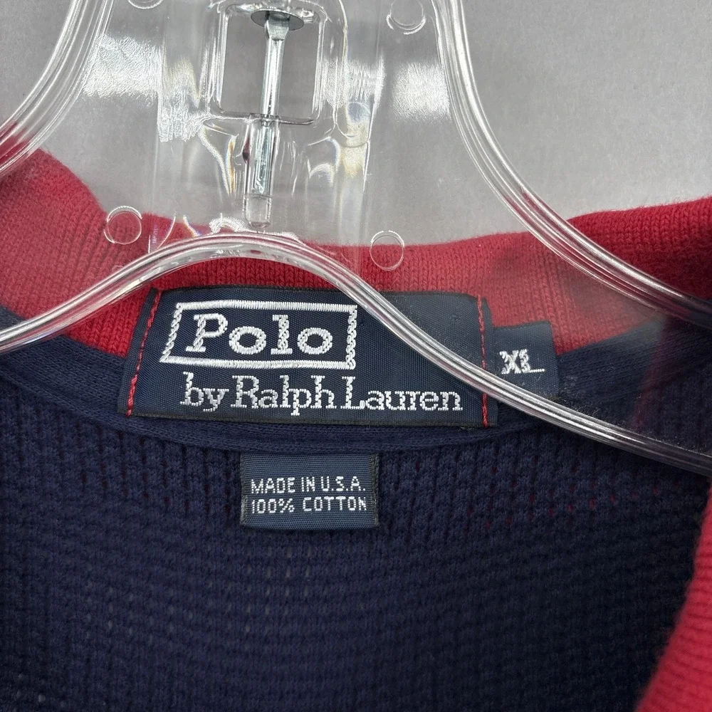 Vintage Polo Ralph Lauren Polo Shirt Mens XL Navy Red Collar Waffle Knit USA 90s